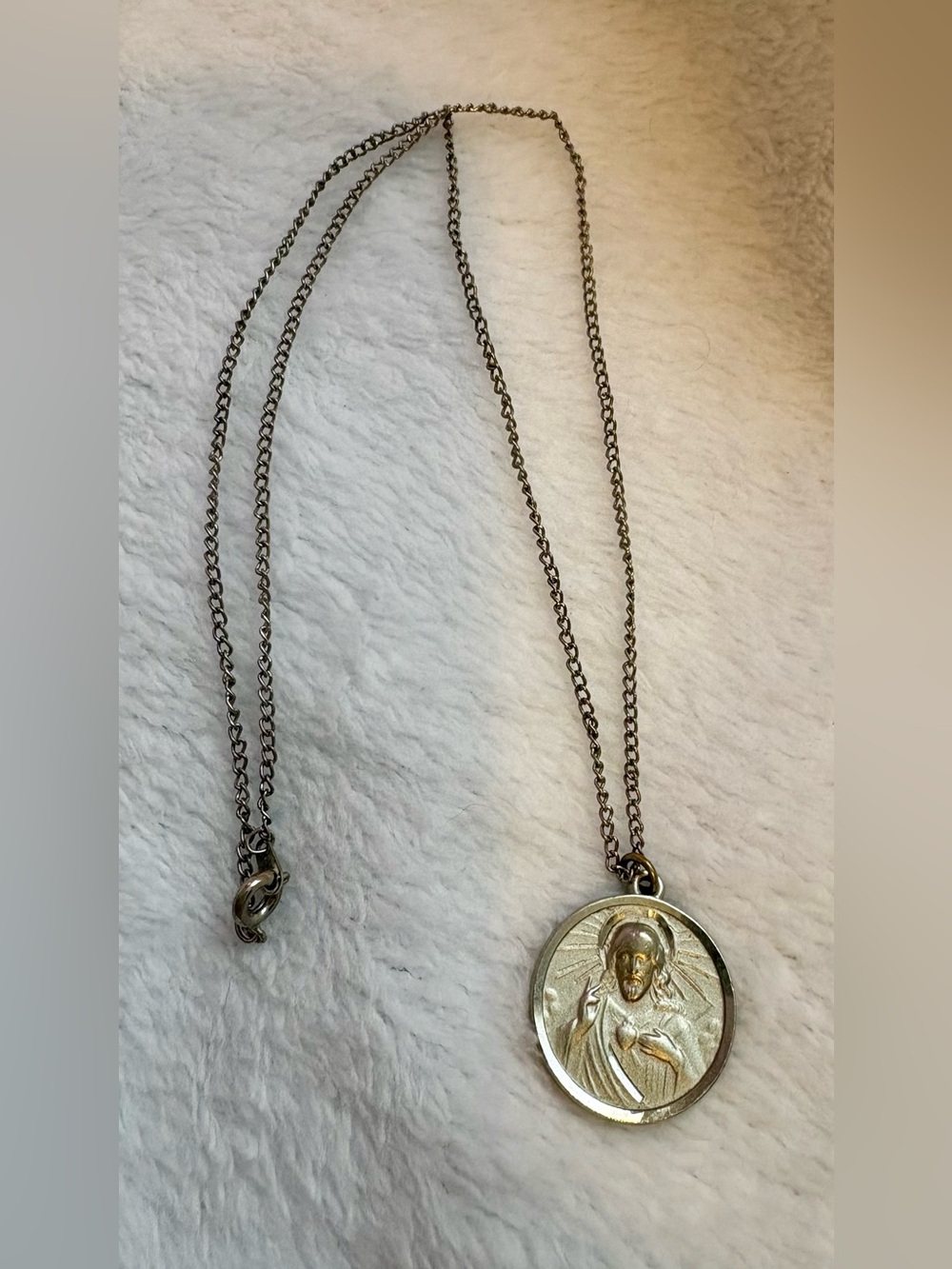 Religious Medal Pendant Necklace in Antique Gold Tone